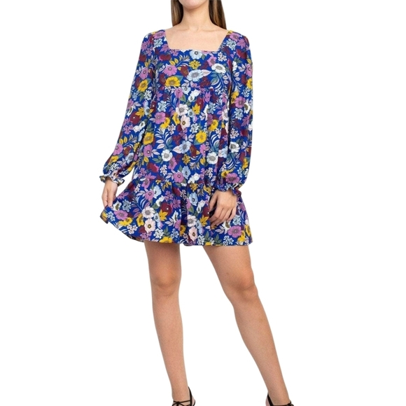 NWT BCBG Blue Floral Babydoll Dress Size 10 - Picture 1 of 5
